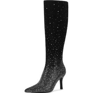 ⚡Women's Rhinestone Black Pointed Toe Stiletto Heels Dress Boots Over the Calf